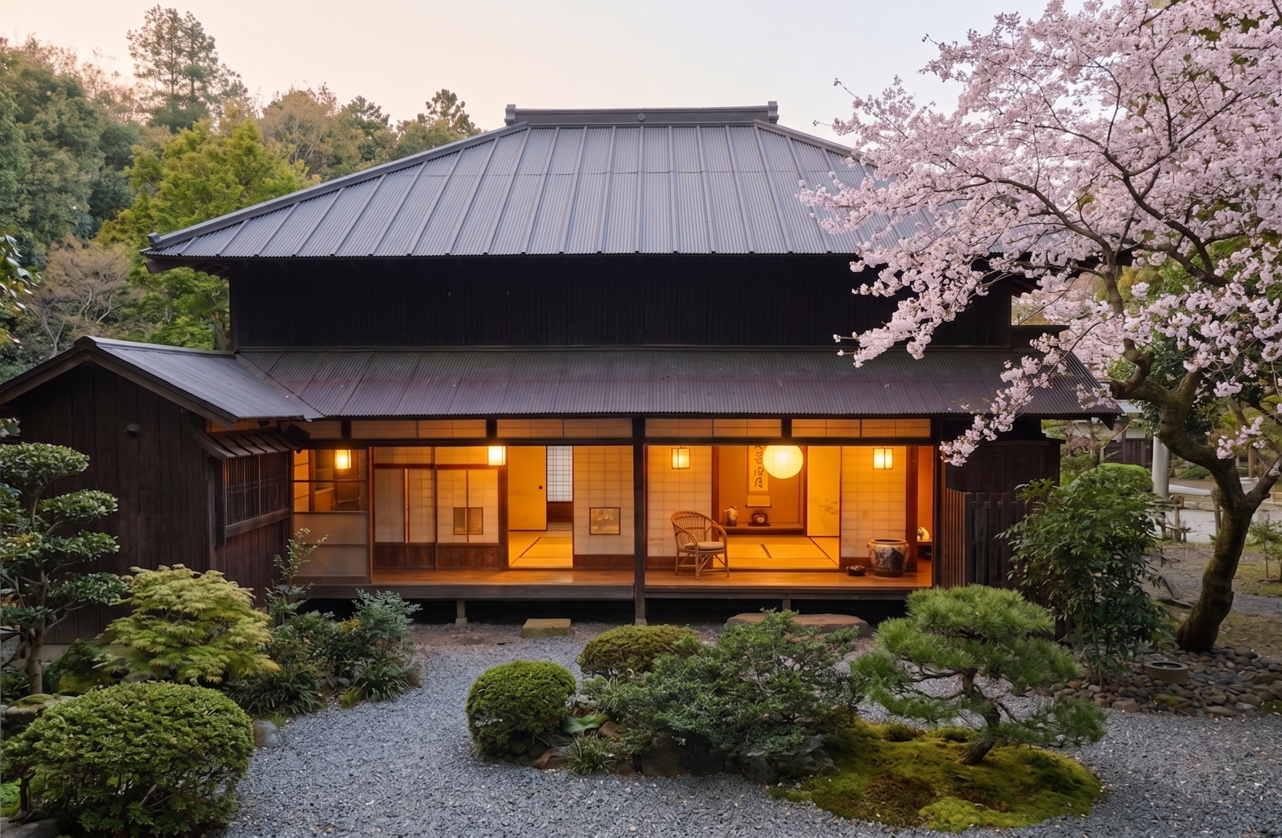 A traditional Japanese house lit warmly beneath cherry blossoms